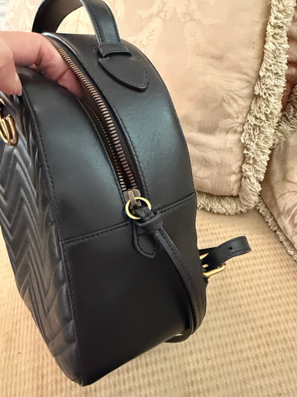 Gucci Black Chevron GG Marmont Mini Backpack with Gold Hardware. - Picture 4 of 12